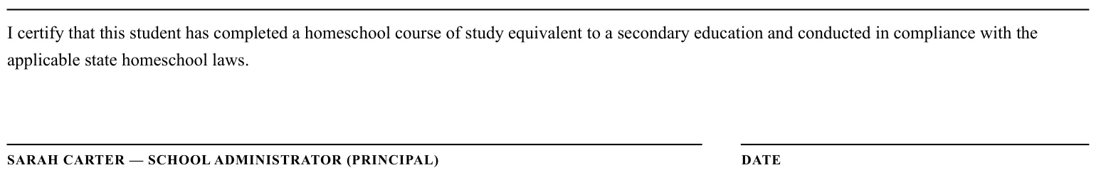 Close up of the certification statement at the bottom of a TranscriptDone transcript with a signature line for the school administrator