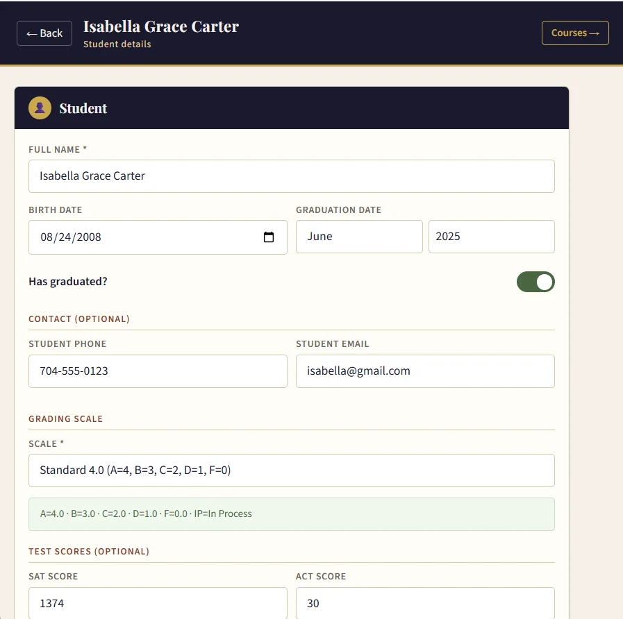 Student details form in the TranscriptDone app showing name, birth date, graduation date, has graduated toggle, contact information, and a grading scale dropdown with four options