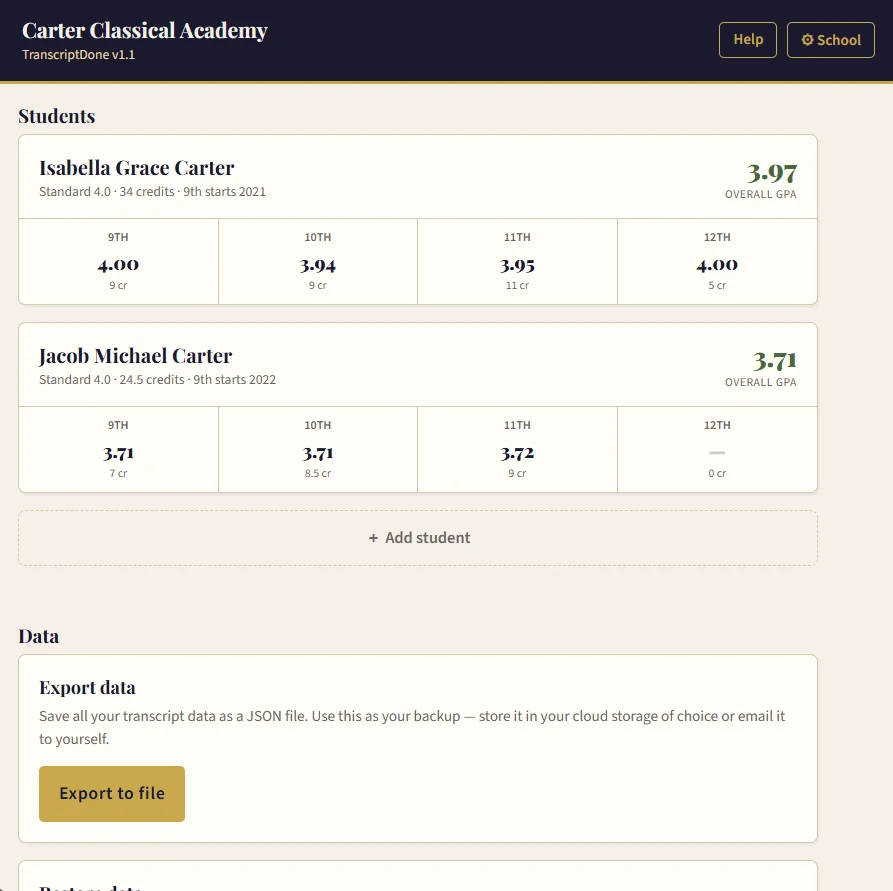 TranscriptDone multi-student dashboard showing GPAs and credits for two homeschooled students